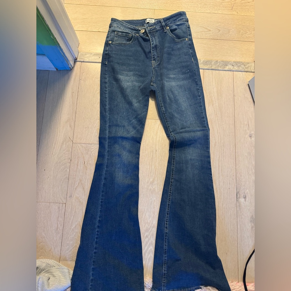 Flared bottom dark wash jeans